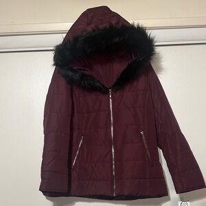🆕Maralyn & Me Burgundy Puffer Jacket with Faux Fur Hood